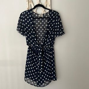 Show Me Your MuMu Romper with Front Tie. Navy Blue with white polka dots